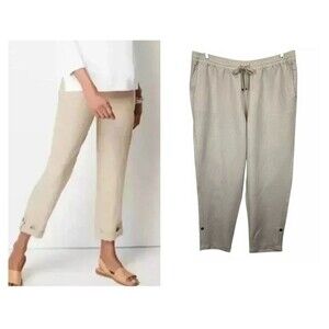 Women's Linen Blend Pull-on Pants  Size XL  NWT  Flax Beige Roll-Tab Leg